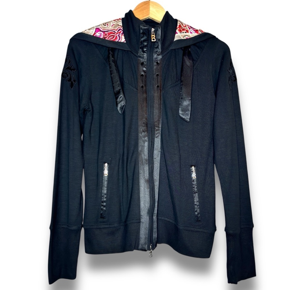 Bogner Black Silk Rhinestone Details Hooded Sweatshirt Jacket Size M‎